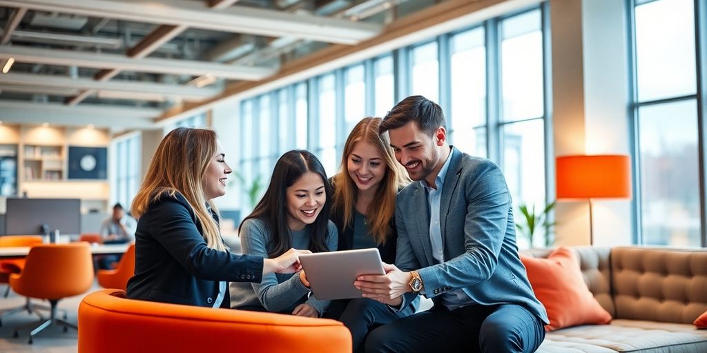 Team collaborating in a modern office environment.